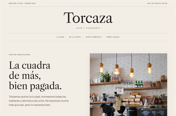 Portada de Torcaza, la demo de cafetería: cabecera tipo diario y una foto de la barra.